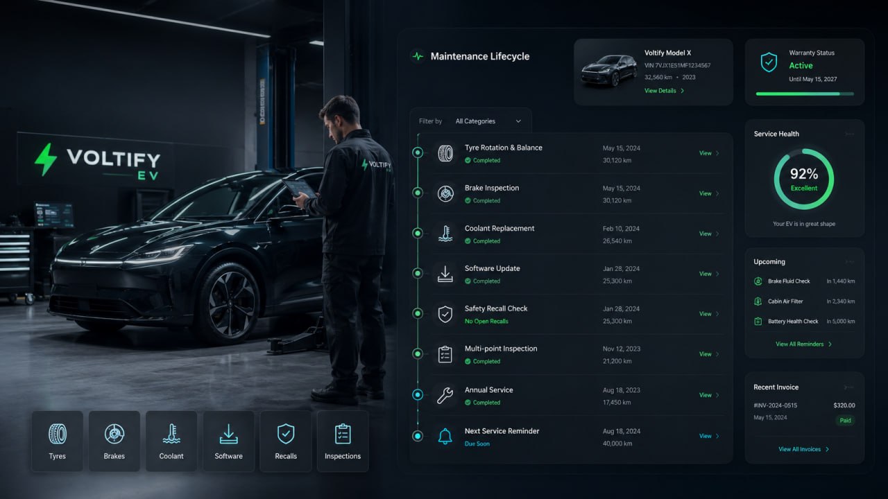 Voltify EV maintenance lifecycle dashboard with service timeline, warranty status and health score